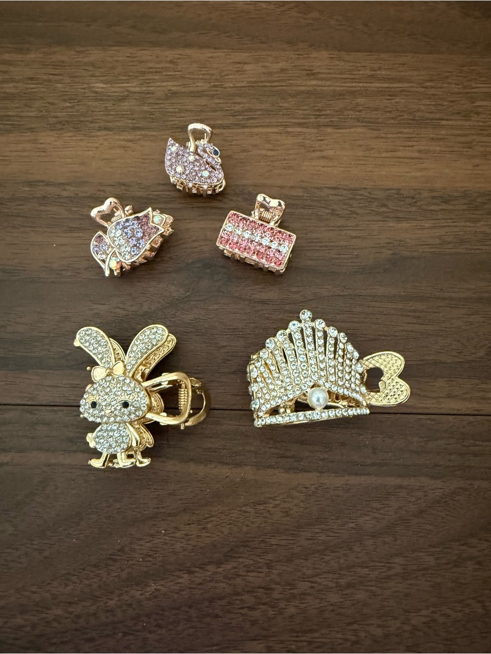 Gold Rhinestone Bunny and Crown Kids Hair Clip Set with Pink Accents